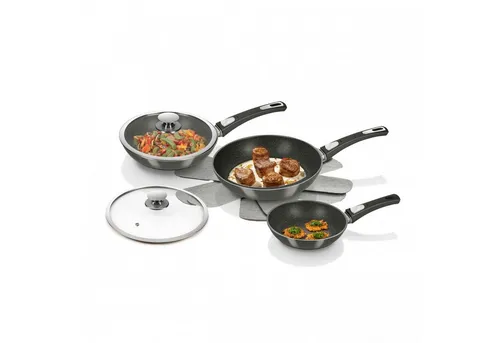 Genius Pfannen-Set Bonafit 7-tlg. mit Vlies-Einleger - Vielseitiges Pfannen-Set aus keramikbeschichtetem Material, antihaftbeschichtet und für alle Herdarten geeignet. Ergonomische, abnehmbare Griffe und spülmaschinengeeignet für einfache Reinigung.