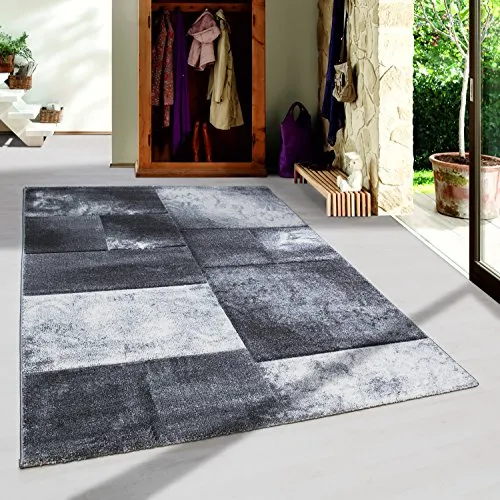 SIMPEX Kurzflor Teppich, Kariert Design, Grau, 80 x 150 cm, Läufer, Moderner Stil, Wohnzimmer