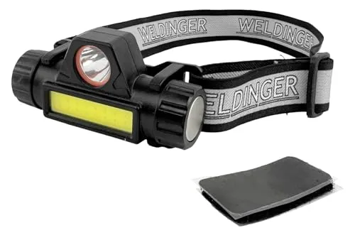 WELDINGER LED-Helmlampe wiederaufladbar - 800 Lumen - Stirnlampen mit 2 Leuchtmodi, leicht und 90° neigbar. Ideal für Schweißer und Outdooraktivitäten. Wiederaufladbarer 1200 Ah Akku, spritzwassergeschützt (IPX4) und komfortables Kopfband.