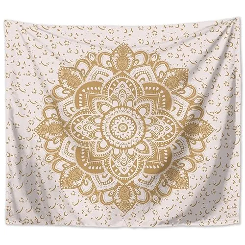 MT Majami Wandbehang Mandala indisch 200 x 150 cm Weiß Gold Polyester Wandtuch Wandteppich Tapisserie Retro