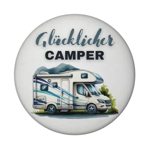 Wohnmobil Magnet rund mit Spruch Glücklicher Camper Wohnwagen Begleiter Anhänger Charm Camping Accessoire Mobiles Heim Gefühl Gemütliche Unterkunft