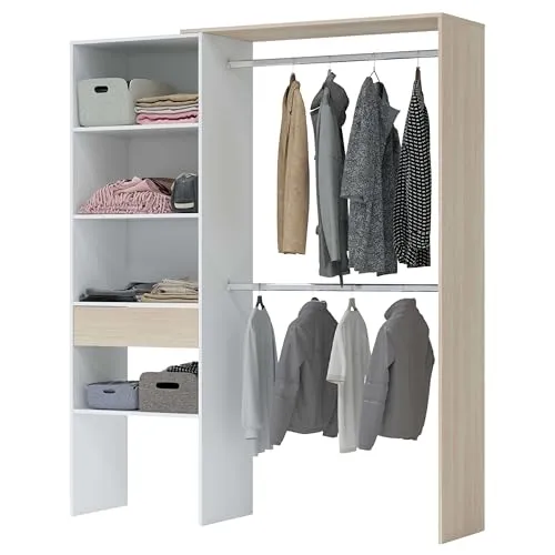 Habitdesign Kleiderschrank mit 2 Stangen und 4 Einlegeböden - Kleiderschrank im nordischen Stil, wendbar mit 2 höhenverstellbaren Aluminiumstangen und 1 Schublade. Ideal für kleine Räume, hochwertig und langlebig in Arktis-Weiß und Eiche.