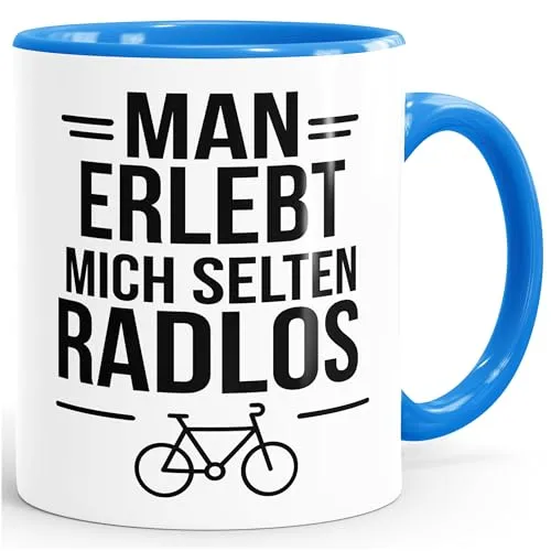 MoonWorks Tasse Spruch Spruch Fahrradfahrer Man erlebt mich selten radlos Statement Geschenkidee Bike-Freunde lustige Kaffeebecher Weiss-innen-blau standard