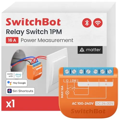 SwitchBot Matter Relais Schalter 1PM, Wlan Schalter kompatibel mit Alexa/Apple Home/Google Home, Leistungsmessendes Relaisschaltmodul mit integriertem Bluetooth Repeater, Bluetooth & Wi-Fi 2,4 GHz,16A