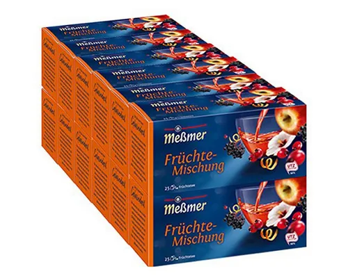 Meßmer Früchte Mischung herzhaft fruchtig 25 Teebeutel 75g 12er Pack - Aromatischer Früchtetee mit einer köstlichen Mischung aus Hibiskus, Hagebutten und frischen Zitrusnoten. Ideal für entspannende Momente und vielseitig einsetzbar.