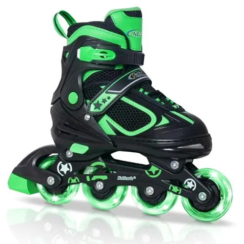 Nattork Inline Skates für Jungen mit Leuchtenden Rädern, Verstellbar (Grün, S 27-31 EU)