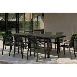 OUTFLEXX Premium Garten-Essgruppe, OUTFLEXX® anthrazit matt, Alu / Glas / Teak, Tisch 180/240x100cm, 8 Stapelsessel
