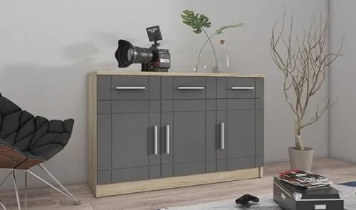 Küchen-Preisbombe Kommode Sideboard Paris 3F-3S - Wohnwand in Grau + Sonoma Eiche, stilvolles Design mit hohem Stauraum und hoher Qualität zum fairen Preis. Maße ca. B/H/T: 101/70/38cm.