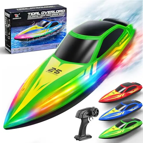 Ferngesteuertes Boot mit LED Beleuchtung,7 Lichtmodi,2.4 GHz RC Boot mit bis zu 15km/h,Auto-Flip & Sicherheitswarnung,2 Akkus,für Pool und See als Wasserspielzeug,Geschenk für Jungen und Mädchen.—Grün