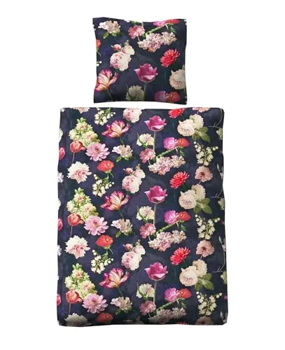 JACK Biber Bettwäsche 2 TLG. 135x200cm Blumen Bunt Dunkelblau Reißverschluss