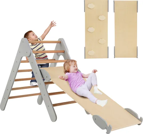 COSTWAY Kletterdreieck mit Rampe – 3-in-1 Spielgerät für Kinder - Stabiles Kletterdreieck aus Massivholz mit verstellbarer Rampe für Klettern und Rutschen. Fördert spielerisch die Beweglichkeit und das Gleichgewicht von Kindern ab 1 Jahr.