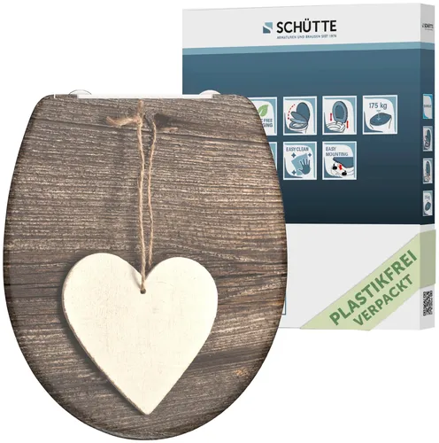 SCHÜTTE WC Sitz WOOD HEART - Duroplast Toilettendeckel mit sanfter Absenkautomatik, Schnellverschluss und ansprechendem Motivdruck, ideal für hygienisches und komfortables WC-Erlebnis.