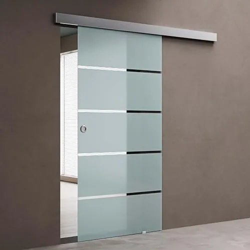 doporro Glasschiebetür Komplettset Softclose 102,5 x 205cm | 15mm Wandabstand | Schiebetür mit ESG-Sicherheitsglas | Zimmertür Glas mit 5-Milchglas-Streifen und Muschelgriff | Amalfi-plus 11
