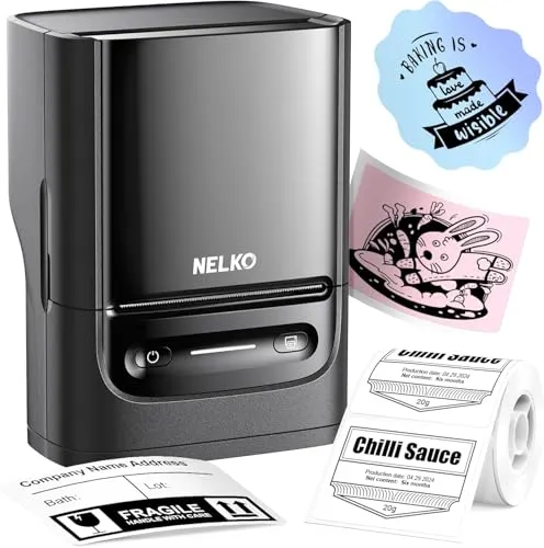 Nelko PM220 Etikettiermaschine mit Band, Bluethooth-Etikettendrucker, 5 cm, tragbarer Thermodrucker für Kleinunternehmen, Adresse, Logo, Kleidung, Aufkleberdrucker für Telefone und PC, Schwarz