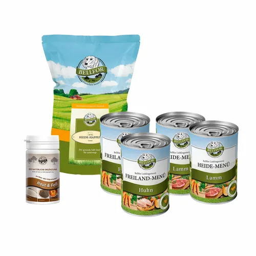 Bellfor Hunde Nassfutter Haut & Fell Pulver Soft Snack - Getreidefreies Nassfutter für kleine Rassen, inkl. 2 Dosen Huhn und Lamm sowie gesunden Snacks. Ideal für die tägliche Ernährung und Pflege des Fells.