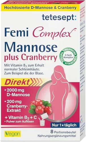 tetesept Femi Complex® Mannose plus Cranberry - 1 x 8 Portionsbeutel - Zum Erhalt normaler Schleimhäute dank Vitamin B3 – Pulver mit 2000 mg D Mannose