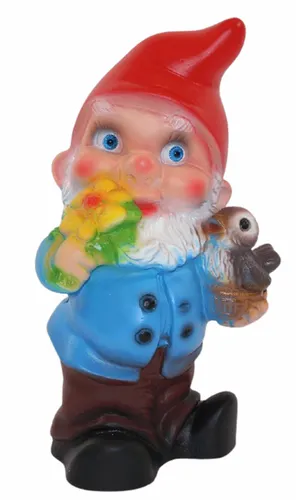 Deko Figur Zwerg H 19 cm Gartenzwerg mit Vogel stehend Gartenfigur Kunststoff