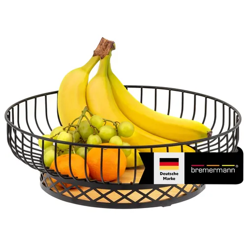 bremermann Obstschale mit Bambusboden, Ø 33,5 cm - Stilvolle Obstschale in matt schwarz mit Bambusboden, ideal für frisches Obst und multifunktional einsetzbar. Perfekte Luftzirkulation und rutschhemmende Pads sorgen für praktischen Nutzen.