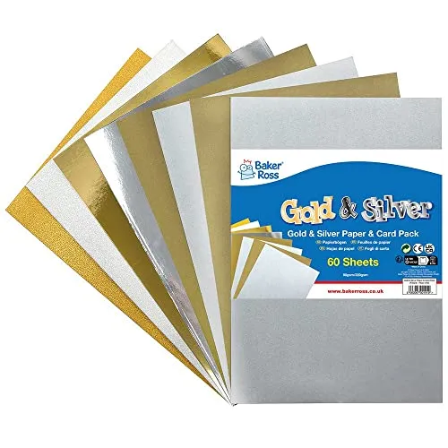 Baker Ross FX323 DIN A4 Bastelpapier und Bastelkarton-60 Blatt, Metallic, Glitzer und Matte Silber und Goldene Papier und Karte Packung, Mittel