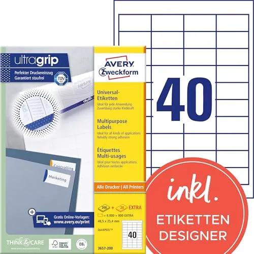 AVERY Zweckform 3657-200 Universal Etiketten - 8.800 selbstklebende Etiketten für perfekten Druck - Universal-Aufkleber mit 8.800 Etiketten, inklusive 800 gratis. Mit ultragrip-Technologie für optimalen Druckereinzug und gestochen scharfem Druckbild - ideal für alle Drucker.
