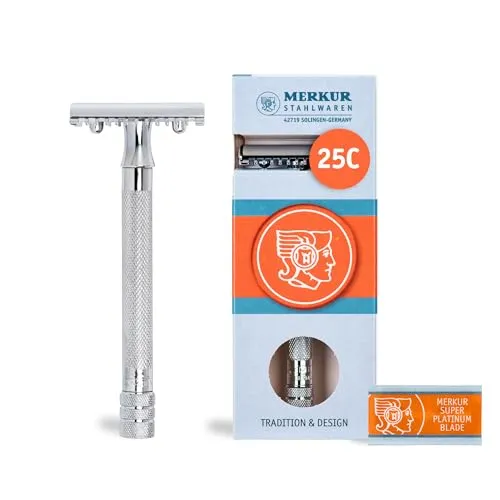 MERKUR Rasierhobel 25C | Klassiker mit Zahnkamm Glanzchrom | Dreiteiliger Rasierer mit geradem Schnitt | Offener Kamm | Ideal für Nassrasur | Zinkdruckguss | Messing Griffstück | Made in Germany