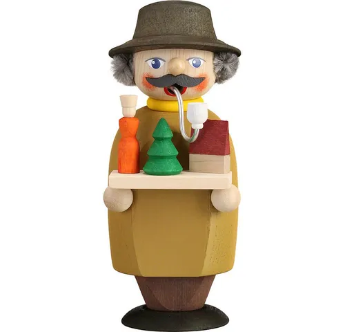 Seiffener Volkskunst Räuchermännchen - Händler, 14 cm - Räuchermännchen aus dem Erzgebirge, 14 cm hoch, handbemalt und aus Holz gefertigt. Ein bezauberndes Geschenk für Sammler und Liebhaber traditioneller Handwerkskunst.