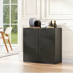 Sideboard Aus Mdf In Schwarz Matt, 2 Türen Mit Rillenfront Und Metallgriff, 80x40x80 Cm