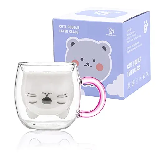 SHENDONG Süße Katzentasse Nette Tassen Katze Tee Kaffeetasse mit Griff 8.5oz Milchtasse für persönlichen Geburtstag, Valentinstag und Büro (Rosa Griff)