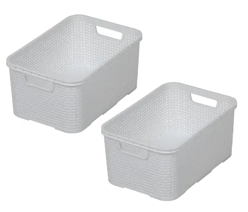 BranQ - Home essential Korb in Rattan Design 2er Set Grösse L 19 l, BPA-frei Kunststoff PP, Weiß, 38x27,8x18,5 cm, 2 Stk.