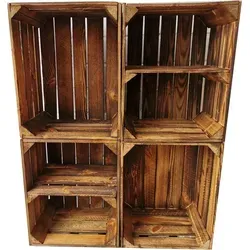 4er Set Boden Quer Obstkisten Weinkisten Vintage Geflammt 50 x 40 x 30 cm - Braun