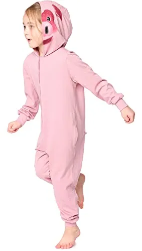 Ladeheid Kinder Schlafoverall aus Baumwolle Jumpsuit bunt Schlafanzug mit Kapuze LA40-232 (Rosa Schweinchen, 110-116)