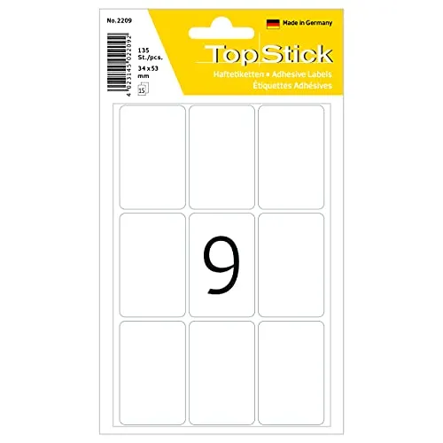 TopStick 2209 Vielzweck-Etiketten, 135 Stück, 34 x 53 mm, 9 pro Bogen, selbstklebend, Haushaltsetiketten zum Beschriften, matt, blanko Papier Klebeetiketten Aufkleber, weiß