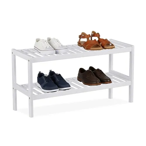 Relaxdays Schuhregal, HxBxT: 33 x 70 x 26 cm, Bambus, 2 Ebenen, für 6 Paar Schuhe, Schuhständer mit Gitterablagen, weiß