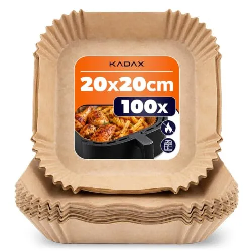 KADAX Backpapier für Heißluftfritteuse 20x20 cm, 100 Stück, hitzebeständiges Einsätze für Airfryer, Pergamentpapier mit erhöhtem Rand, Zubehör für Air Fryer