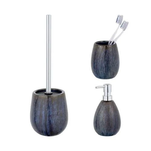 Schöner Wohnen Bad-Accessoire Set Mod. Ronta 3-teilig - Badausstattung Sets, hochwertiges Keramikset mit individueller Effektglasur in Blau/Braun, inklusive nachfüllbarem Seifenspender und rutschsicherem Zahnputzbecher.