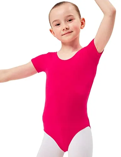 tanzmuster Ballettanzug Mädchen Kurzarm - Sally - aus weichem Baumwollstoff - Ballett Trikot Ballettbody in pink, Größe 104/110