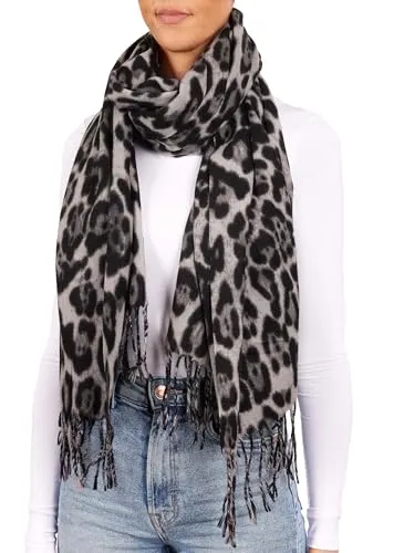 BRUBAKER Cashmirillo Damen Schal mit Leoparden Muster - 70 x 200 cm - Warm, Kuschelig und Oversized - Leo Damenschal für Herbst und Winter - Winterschal mit weichem Kaschmir-Gefühl - Grau Schwarz