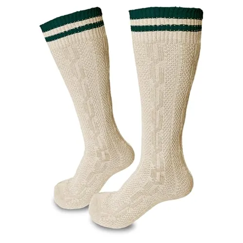 Steigenhöfer Manufaktur Gestreifte Lange Trachtensocken Herren und Damen aus Baumwolle - Trachtenstrümpfe für Oktoberfest und andere Feierlichkeiten - Wiesn Unisex Socken - Beige-Grün - 43-44