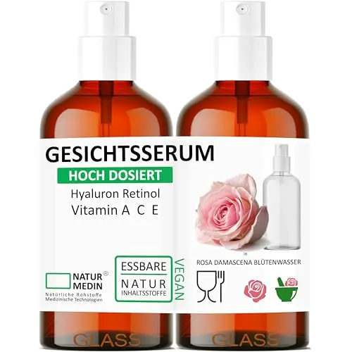 Rosenwasser GESICHTS-SERUM 100ml, ESSBAR Hochdosiert Hyaluron-säure Vitamin A C E Retinol 100% naturrein, Spray Glasflasche, NATURMEDIN® (2 x 50-ml)