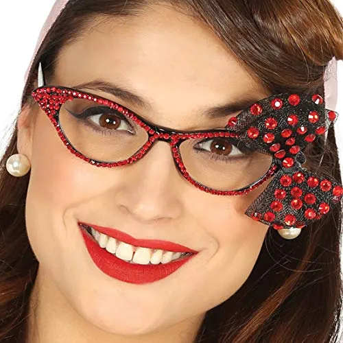 NET TOYS Rockabilly Retro-Brille | Schwarz-Rot | Glitzerndes Damen-Accessoire 50er Jahre | EIN Highlight für Mottoparty & Themenabend
