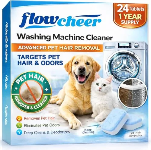 Flowcheer Waschmaschinenreiniger Tabs, 24 Stück, für Tierhaar-Rückstände | Für Hunde- und Katzenhaushalte; hilft, Tierhaar-Rückstände, Gerüche und Ablagerungen im Maschineninneren zu lösen.