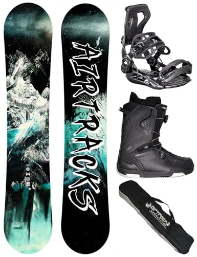 Airtracks Herren Snowboard Set - Under Flat Zero Rocker Snowboard Wide 156 - Softbindung Master - Softboots Strong ATOP 43 - SB Bag