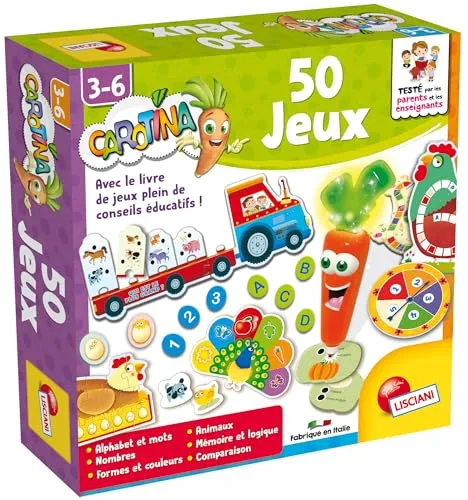 Lisciani – Carotina – Set mit 50 Spielen für Kinder von 3 bis 6 Jahren – sprechender Stift – Elektronische Lernspiele – Alphabet, Zahlen, Formen & Farben – entwickelt Gedächtnis & Logik
