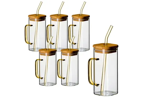 gouveo Teeglas 6 Trinkgläser 350 ml mit Henkel, Deckel und Strohhalm - Cocktailgläser, 6-tlg., Borosilikatglas, Gelb
