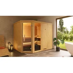 WEKA Element-Ecksauna VARBERG 4, beige - Moderne Ecksauna für Ihr Zuhause mit integrierter Steuerung und 9 kW Saunaofen. Edle Ganzglastür und Fensterelement sorgen für Licht und Stil.