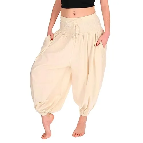 Kunst und Magie Damen Hose Baumwoll Yoga Freizeit Haremshose Wellnesshose Pluderhose Ballonhose, Größe:XXL, Farbe:Naturfarben