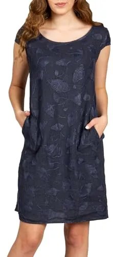 Caspar SKL031 knielanges Damen Sommer Leinenkleid mit Ginko Blatt Stickmuster, Farbe:dunkelblau, Größe:L - DE40 UK12 IT44 ES42 US10