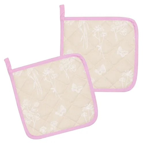 KRACHT 2er Set Topflappen Baumwolle wattiert Serie Wildblumen ca.22x22 cm beige