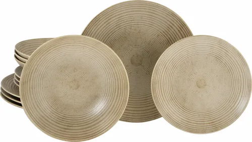 CreaTable Teller-Set Catania, 12-tlg. für 4 Personen - Vintage Farben und ausdrucksstarkes Relief, handwerklicher Charakter aus Steinzeug, mikrowellen- und spülmaschinengeeignet – ideal für stilvolle Essensmomente.