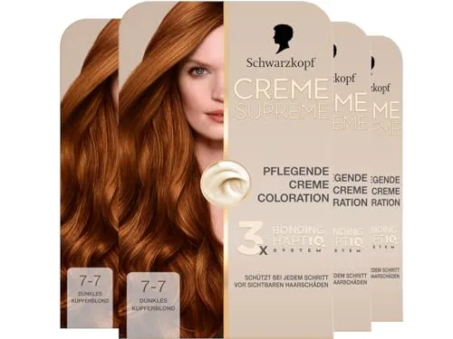 Schwarzkopf Creme Supreme Coloration 7-7 Dunkles Kupferblond (4x 182 ml), dauerhafte Haarfarbe mit Serum und Haar-Maske schützt vor sichtbaren Haarschäden, für 100% Grauabdeckung